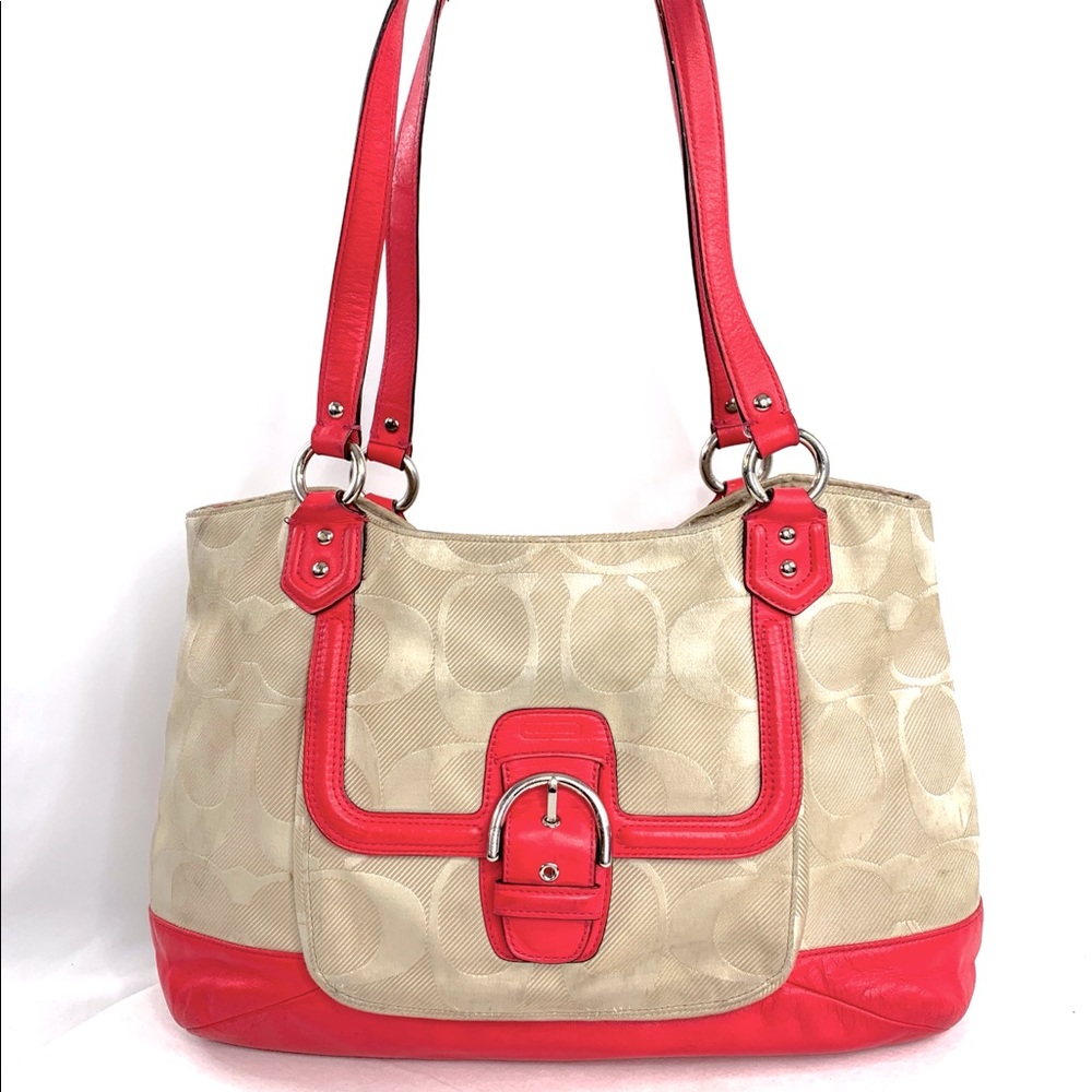 Coach Abbey F27725 Khaki Pomegranate Signature Twill Carryall Shoulder Bag Purse